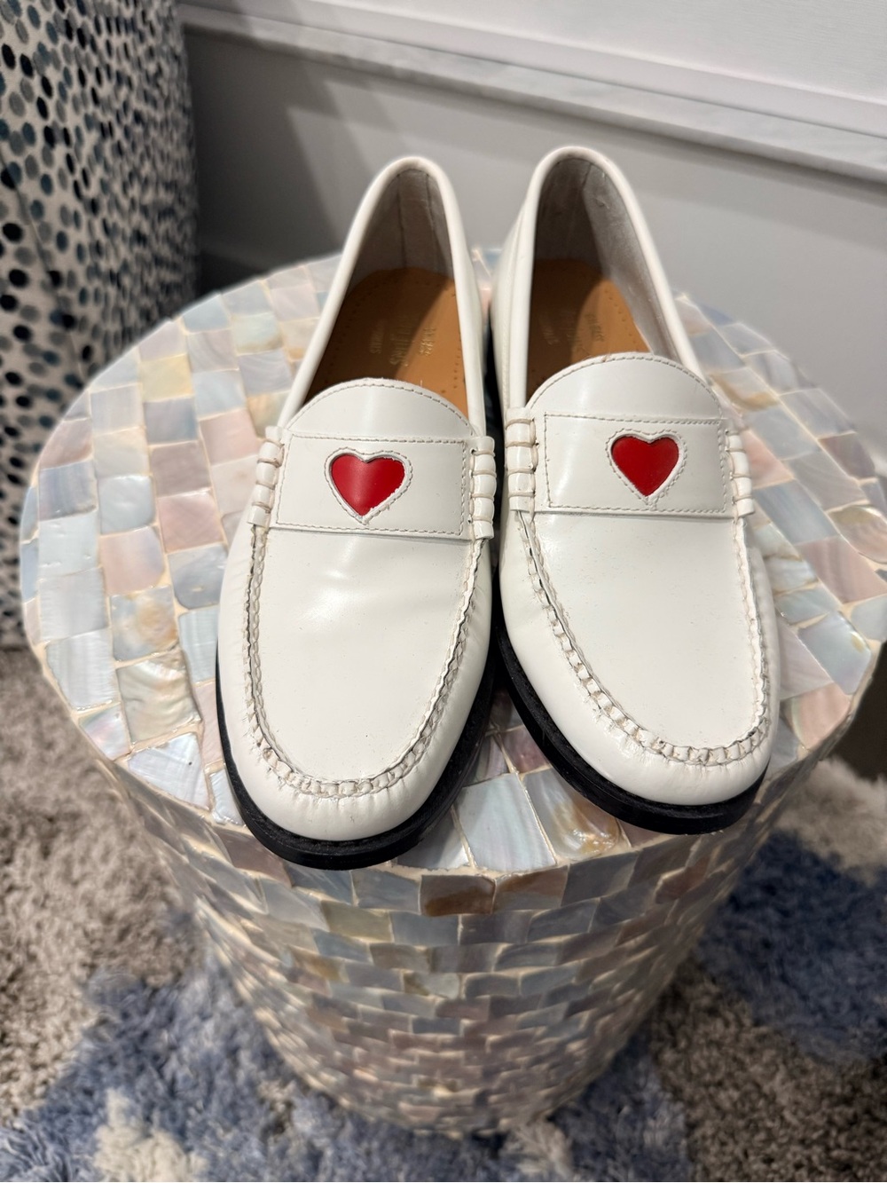 G.H. Bass & Co. White Leather Penny Loafers with Red Heart